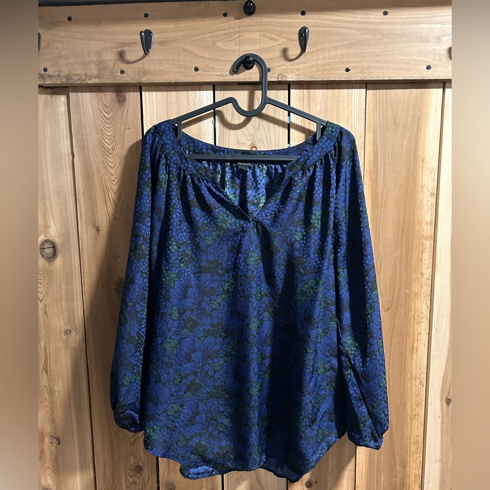 Ann Taylor black blue purple long sleeve peasant blouse